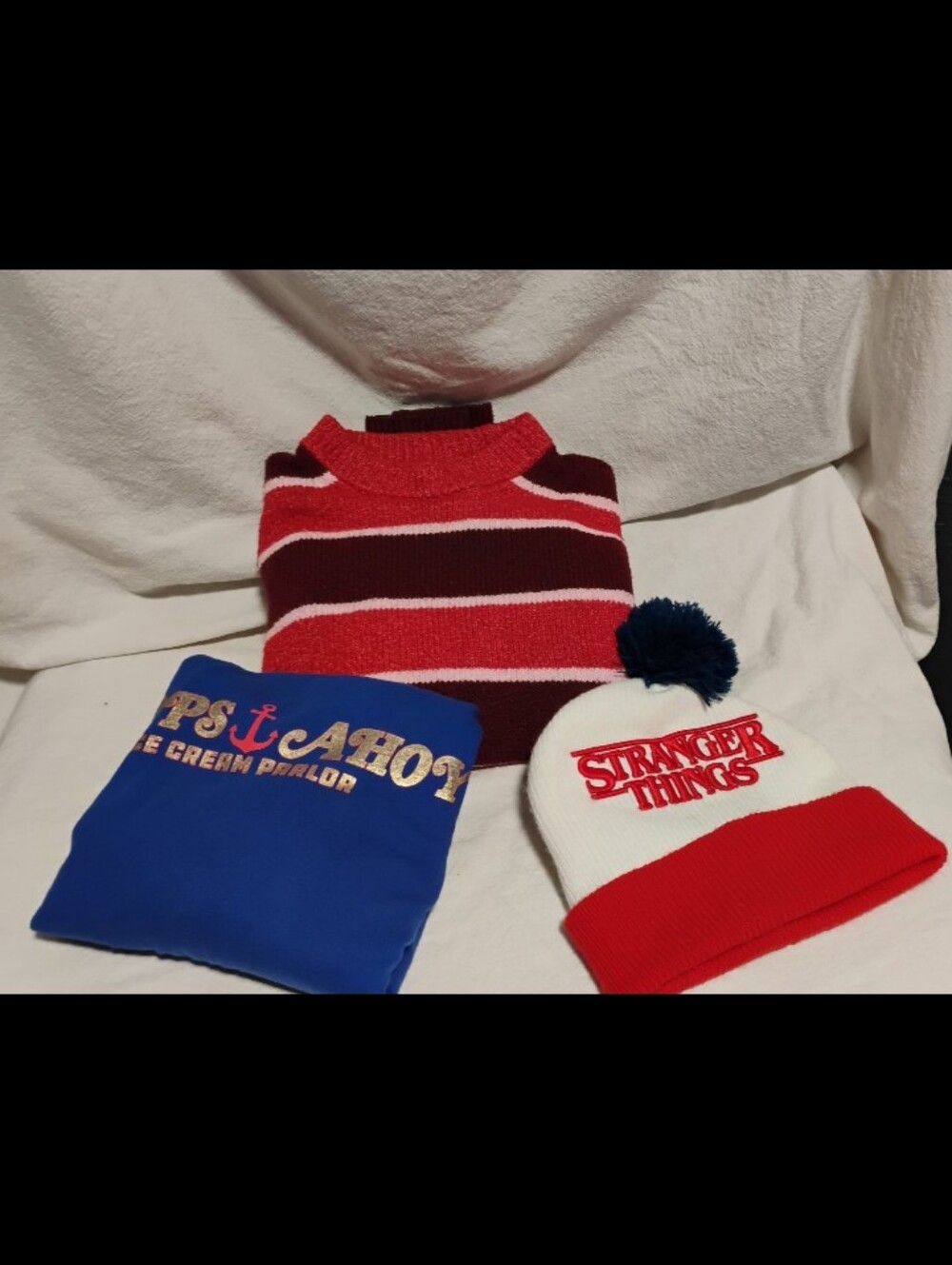 Stranger Things 3 Pc Bundle Scoops Ahoy Shirt, No Boundaries Sweater, Beanie